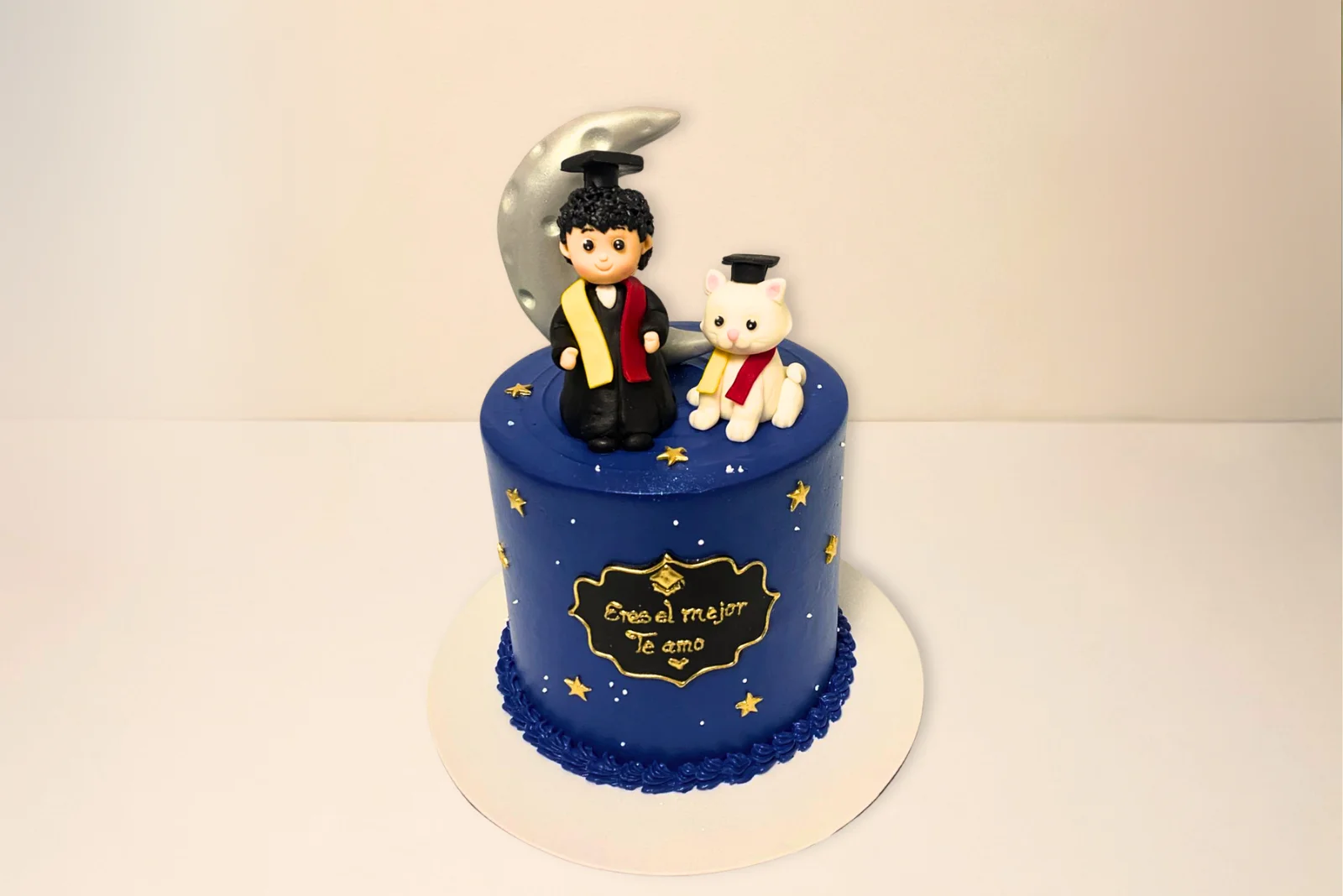 Pastelería Artesanal Cajicá, Chía, Tabio, Sabana Torta personalizada de grado con figura de graduado y gato en fondant azul - Choconuez Cajicá Chía Tabio Sabana Centro Bogotá