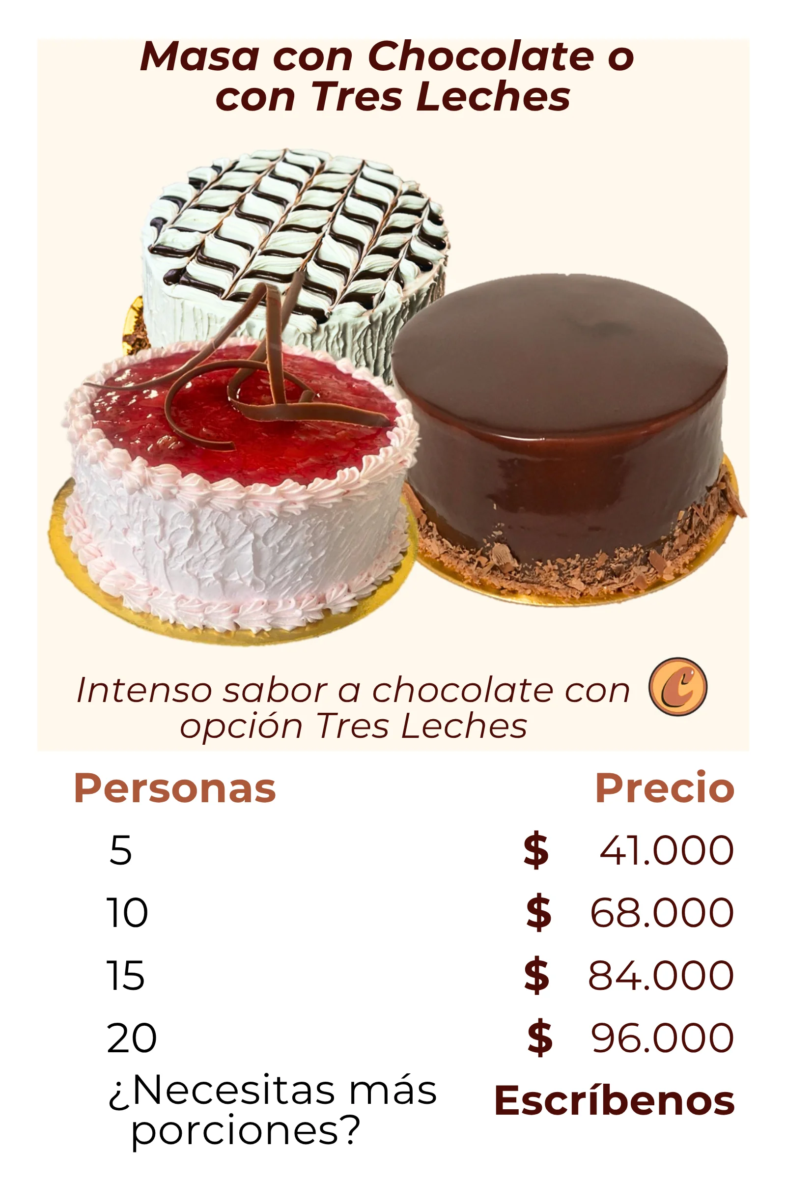 Catálogo Tortas Ponqués Postres Artesanales Torta semi-Húmeda Masa con Chocolate o con Tres Leches Choconuez - Cajicá Chía Tabio Sabana de Bogotá