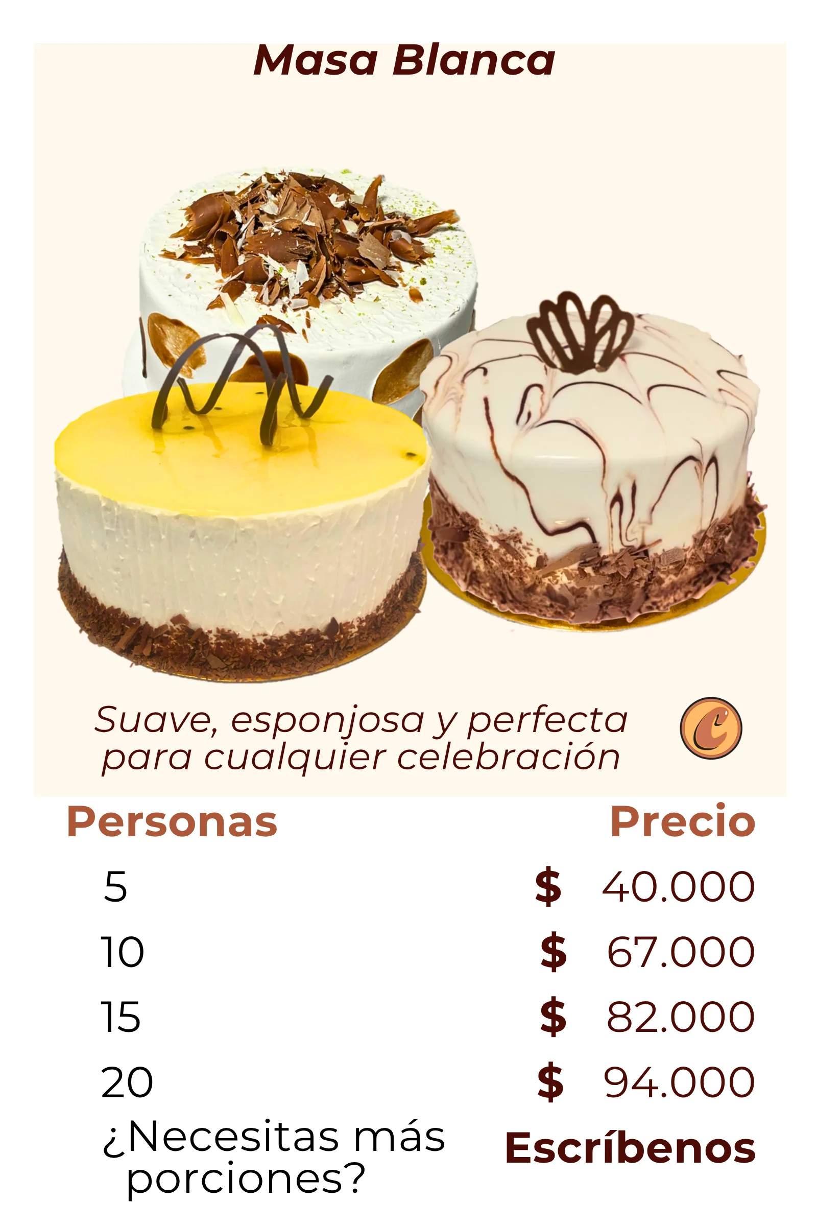 Catálogo Tortas Ponqués Postres Artesanales Torta semi-Húmeda Masa Blanca Choconuez - Cajicá Chía Tabio Sabana de Bogotá